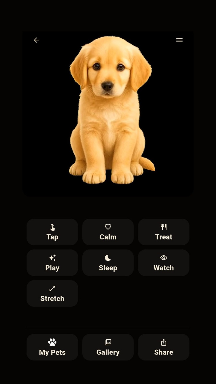 Paw Beside virtual pet actions screen